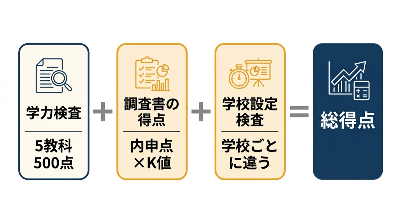 千葉県公立高校の総得点の決まり方。学力検査500点と、調査書の得点(内申点にK値をかけたもの)と、学校ごとの学校設定検査を足したものが総得点